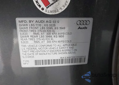 2012 Audi Q7 3.0 Tdi Premium из США, поврежденный, VIN WA1LMAFE8CD008543